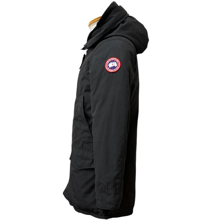 良品□CANADA GOOSE カナダグース 2052M LANGFORD ロゴワッペン フーデッドダウンジャケット コート ブラック XS カナダ製 正規品 メンズ