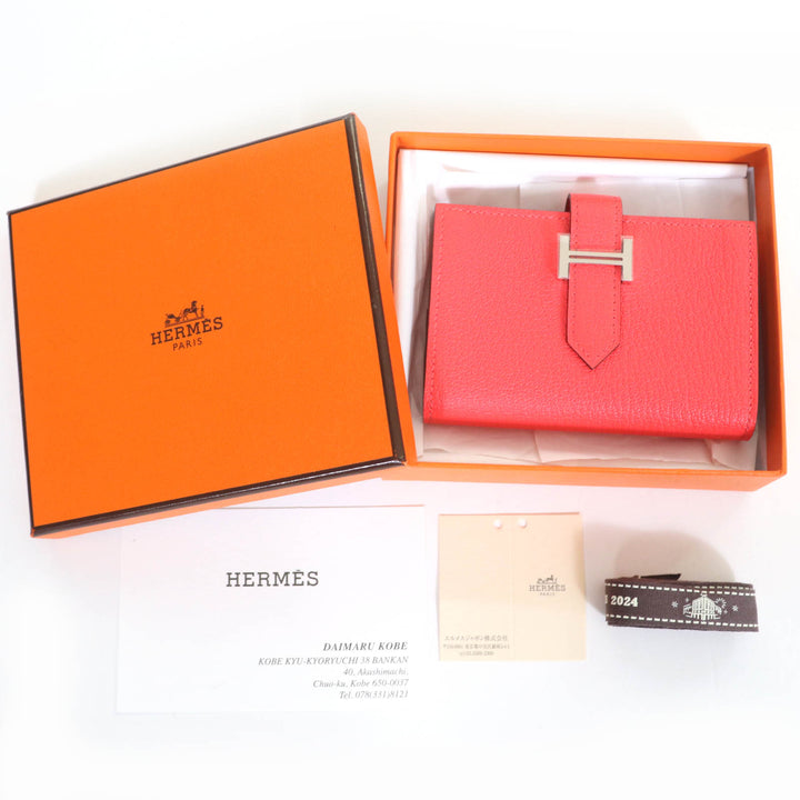 未使用品☆HERMES エルメス ベアン ミニ シェーブル ローズテキサス シルバー金具 ミニウォレット 二つ折り財布 W刻印 仏製 レディース