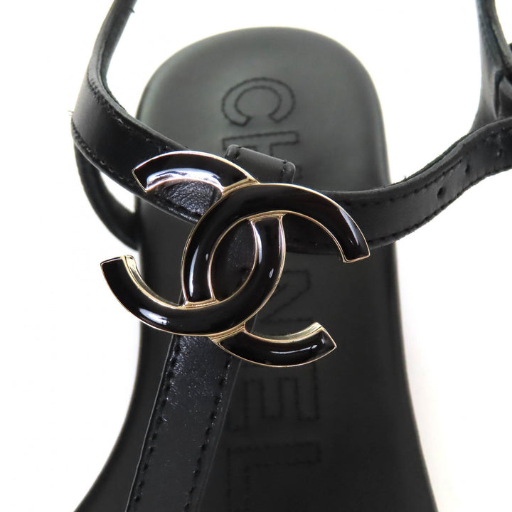 未使用品△CHANEL シャネル 24C G45428 ココマーク アンクルストラップ レザー トングサンダル フラットサンダル ブラック 36 スペイン製