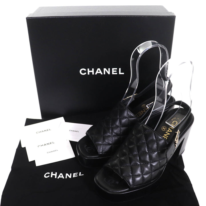 極美品△CHANEL シャネル 24P G45567 ココマーク マトラッセ ストラップ付き レザー サンダル チャンキーヒール ブラック 37 袋付き 伊製