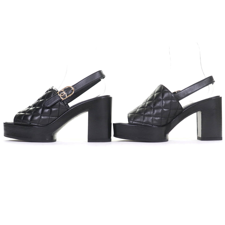 極美品△CHANEL シャネル 24P G45567 ココマーク マトラッセ ストラップ付き レザー サンダル チャンキーヒール ブラック 37 袋付き 伊製