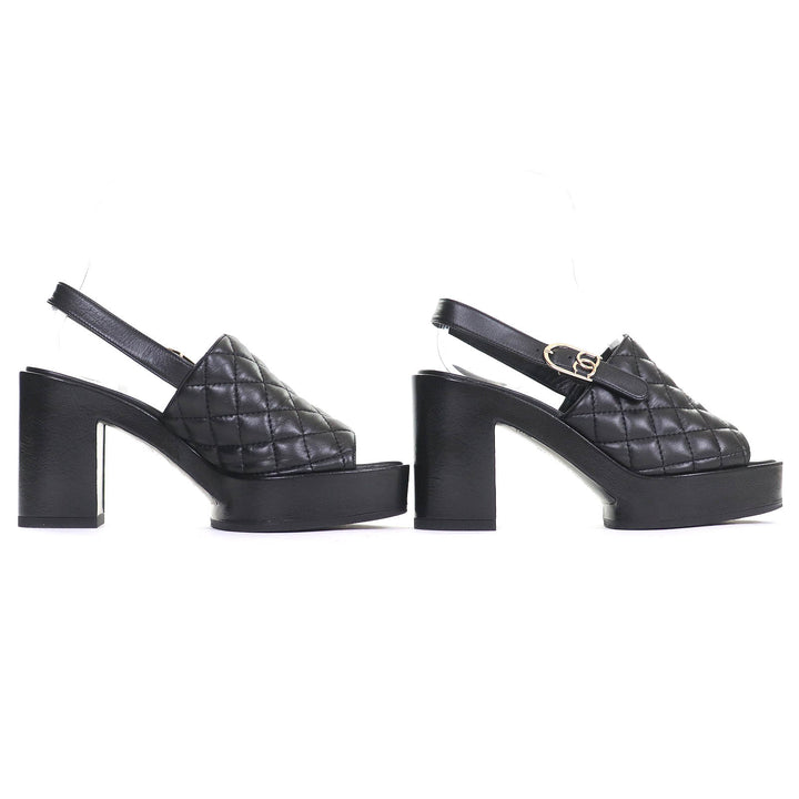極美品△CHANEL シャネル 24P G45567 ココマーク マトラッセ ストラップ付き レザー サンダル チャンキーヒール ブラック 37 袋付き 伊製