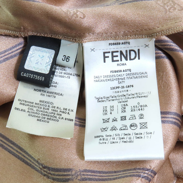 美品★FENDI フェンディ 2021年製 FDB659 シルク100％ オーロックカフス付 FFロゴ刺繍入り デザイン ワンピース ブラウン 36 伊製 正規品