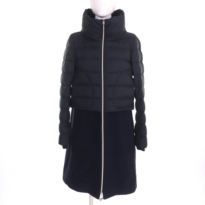 美品△Herno ヘルノ 2020年製 PI1214D ロゴプレート スタンドカラー ウール切替 ZIP UP ロング ダウンコート ネイビー 40 伊製 正規品
