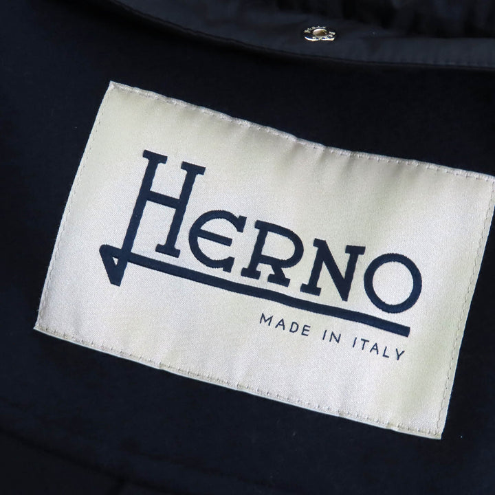 美品△Herno ヘルノ 2020年製 PI1214D ロゴプレート スタンドカラー ウール切替 ZIP UP ロング ダウンコート ネイビー 40 伊製 正規品