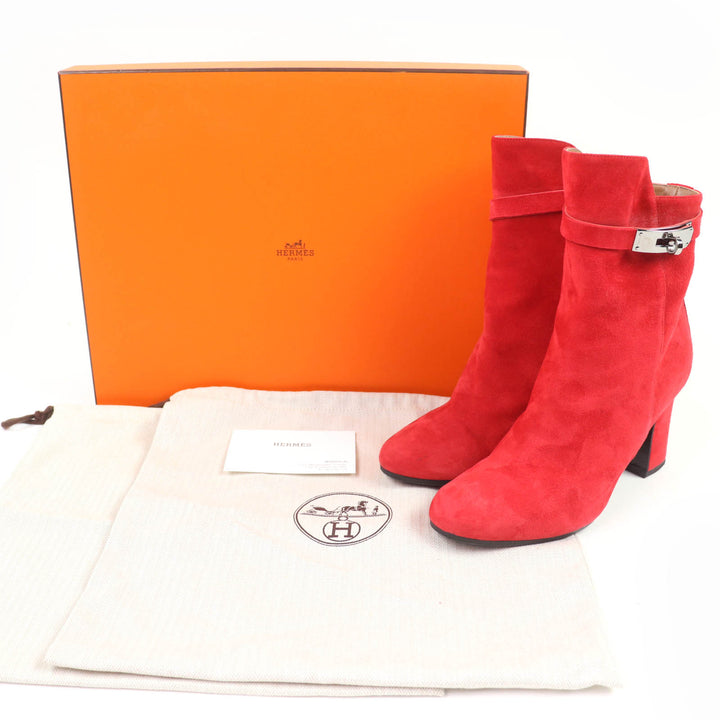 美品☆HERMES エルメス JOUEUSE ジュウーズ シルバー金具 ケリー金具 スウェードレザー ショートブーツ レッド 37.5 伊製 レディース