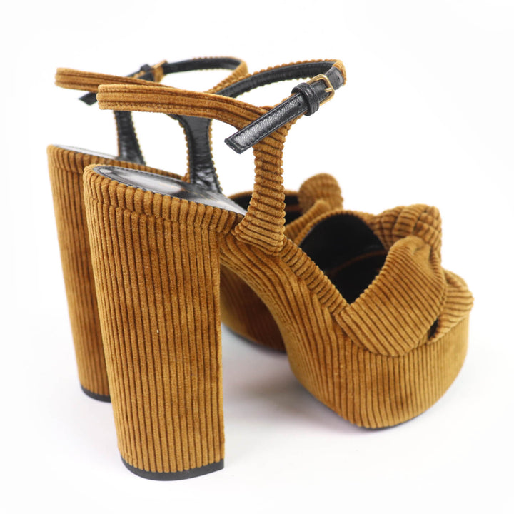 未使用品☆SAINT LAURENT PARIS サンローランパリ 659476 アンクルストラップ コーデュロイ サンダル ブラウン 35.5 伊製 レディース