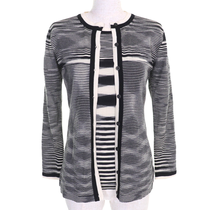 極美品△Missoni ミッソーニ ウール100％ マルチボーダー ニット カーディガン 半袖トップス アンサンブル 黒 白 42/40 伊製 正規品