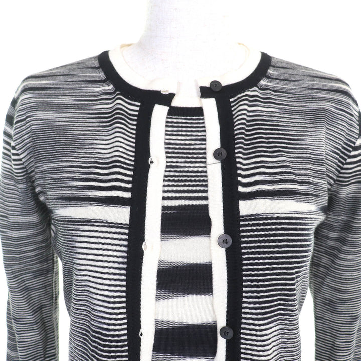 極美品△Missoni ミッソーニ ウール100％ マルチボーダー ニット カーディガン 半袖トップス アンサンブル 黒 白 42/40 伊製 正規品