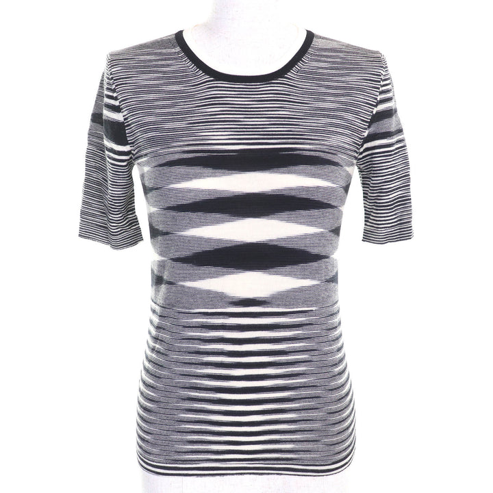 極美品△Missoni ミッソーニ ウール100％ マルチボーダー ニット カーディガン 半袖トップス アンサンブル 黒 白 42/40 伊製 正規品