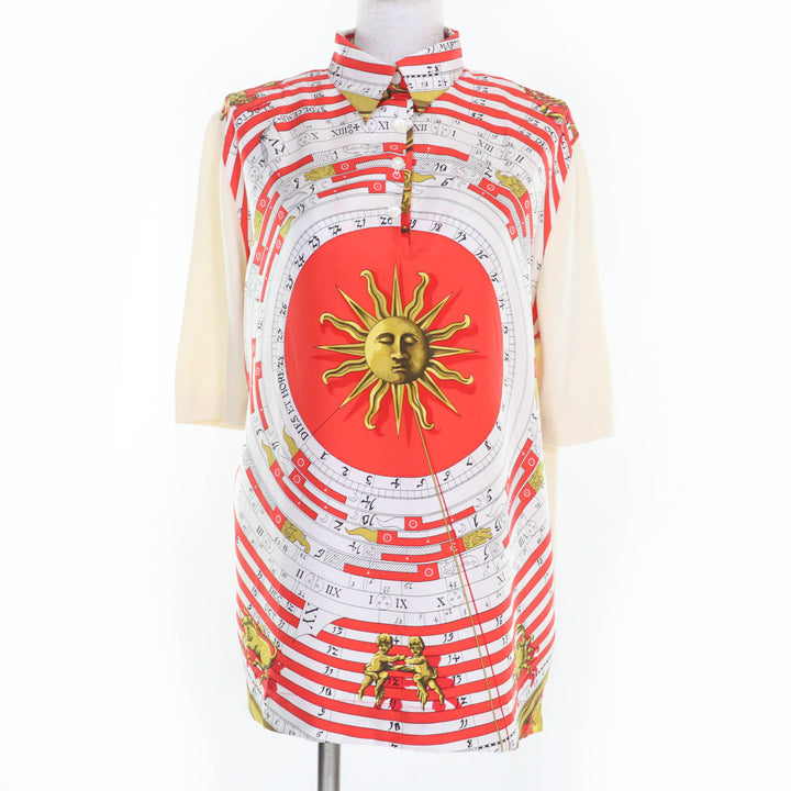 極美品☆HERMES エルメス ヴィンテージ 占星術 ツイルレーヌ シルク切替 カシミヤニット 半袖ポロシャツ アイボリー レッド M レディース