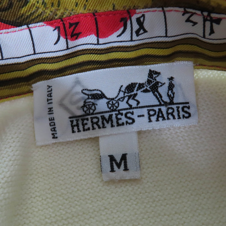 極美品☆HERMES エルメス ヴィンテージ 占星術 ツイルレーヌ シルク切替 カシミヤニット 半袖ポロシャツ アイボリー レッド M レディース