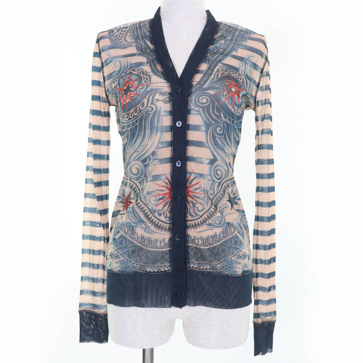 未使用品☆JEAN-PAUL GAULTIER ジャンポールゴルチエ タトゥープリント パワーネット 長袖 カーディガン ネイビー系 S レディース