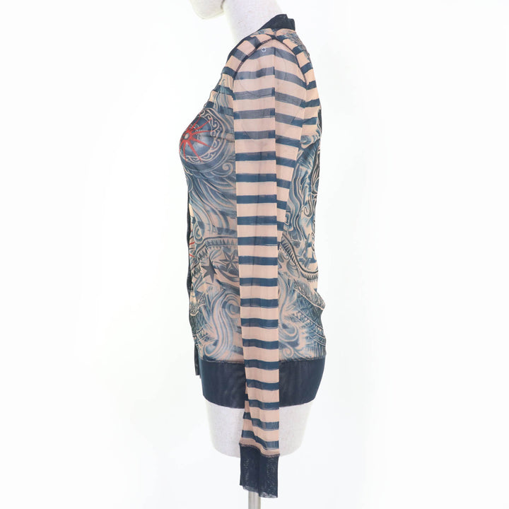 未使用品☆JEAN-PAUL GAULTIER ジャンポールゴルチエ タトゥープリント パワーネット 長袖 カーディガン ネイビー系 S レディース