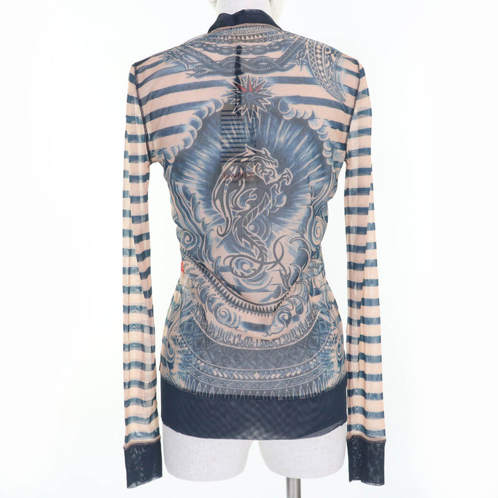 未使用品☆JEAN-PAUL GAULTIER ジャンポールゴルチエ タトゥープリント パワーネット 長袖 カーディガン ネイビー系 S レディース