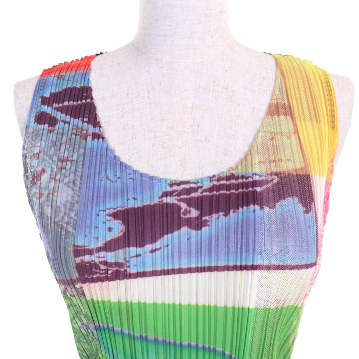 極美品△PLEATS PLEASE プリーツプリーズ イッセイミヤケ PP12-JK611 総柄 ノースリーブ カットソー トップス マルチカラー 3 正規品