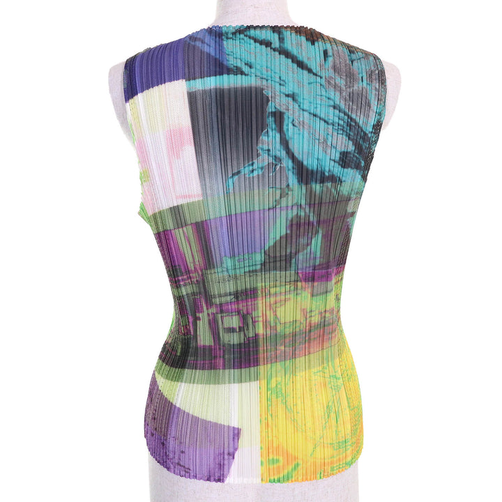 極美品△PLEATS PLEASE プリーツプリーズ イッセイミヤケ PP12-JK611 総柄 ノースリーブ カットソー トップス マルチカラー 3 正規品