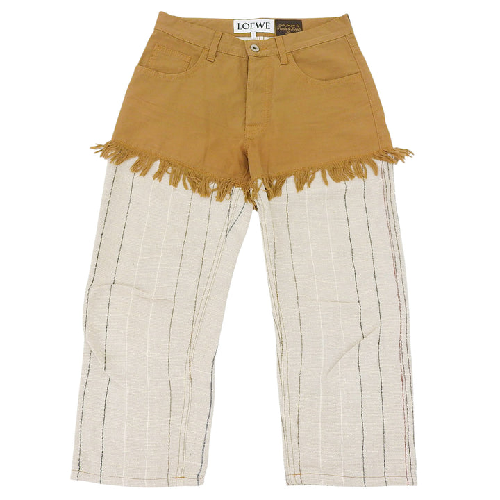 極美品▲LOEWE×Paulas Ibiza ロエベ×パウラズイビザ S2292032IB ヘンプ リネン混 切替デザイン ロゴボタン付き パンツ 34 正規品 メンズ