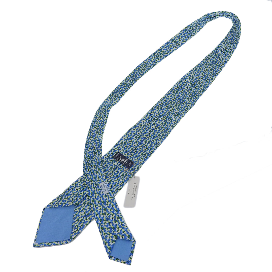 美品▲HERMES エルメス 5089 PA シルク100％ 総柄 ロゴプリント ネクタイ ブルー グリーン系 マルチ フランス製 メンズ