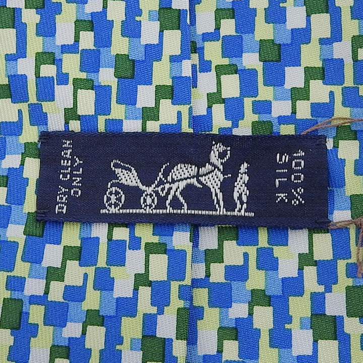 美品▲HERMES エルメス 5089 PA シルク100％ 総柄 ロゴプリント ネクタイ ブルー グリーン系 マルチ フランス製 メンズ