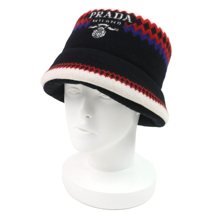 美品△PRADA プラダ 2022年製 1HC248 ウール カシミヤ ロゴ 中綿 ニットバケットハット 帽子 ブラック ホワイト レッド ブルー M 正規品