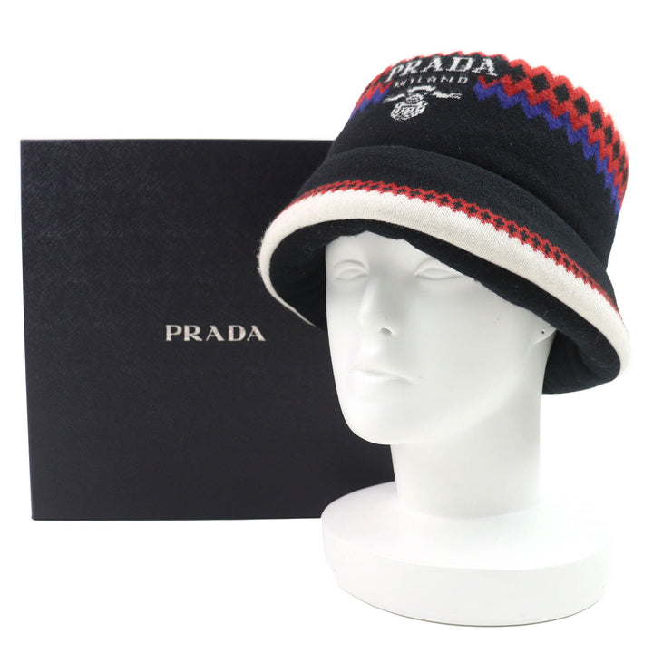 美品△PRADA プラダ 2022年製 1HC248 ウール カシミヤ ロゴ 中綿 ニットバケットハット 帽子 ブラック ホワイト レッド ブルー M 正規品