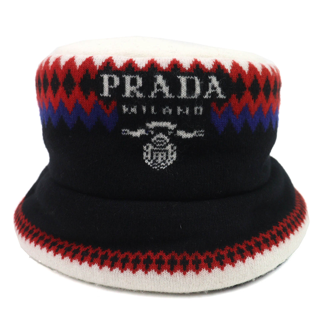 美品△PRADA プラダ 2022年製 1HC248 ウール カシミヤ ロゴ 中綿 ニットバケットハット 帽子 ブラック ホワイト レッド ブルー M 正規品