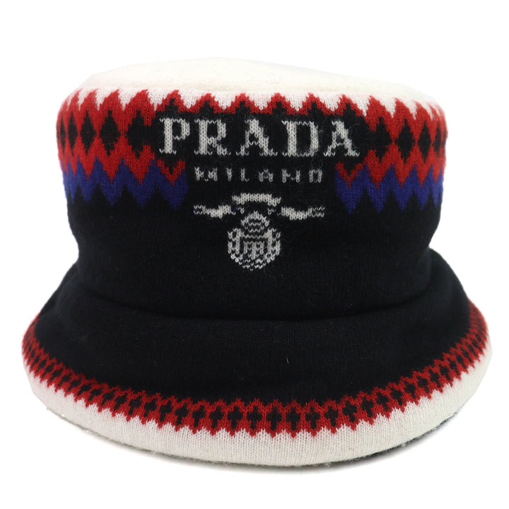 美品△PRADA プラダ 2022年製 1HC248 ウール カシミヤ ロゴ 中綿 ニットバケットハット 帽子 ブラック ホワイト レッド ブルー M 正規品