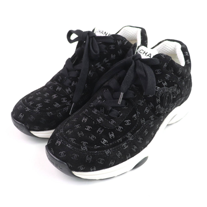 極美品★CHANEL シャネル G39230 総ココマーク柄 レースアップ スウェードレザー スニーカー ブラック 37 保存袋付き 伊製 レディース