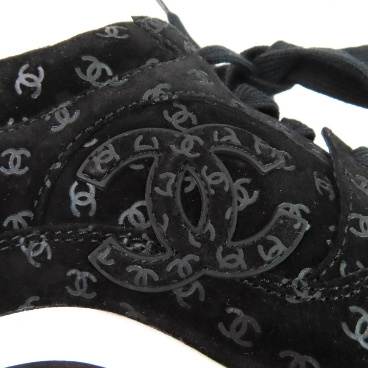 極美品★CHANEL シャネル G39230 総ココマーク柄 レースアップ スウェードレザー スニーカー ブラック 37 保存袋付き 伊製 レディース