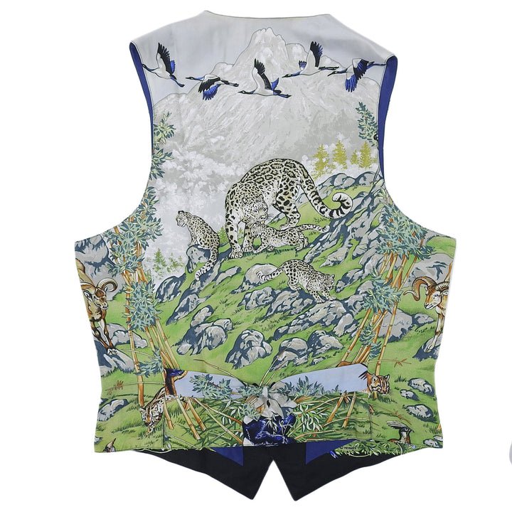 良品▲HERMES エルメス ヴィンテージ シルク100% 超希少 SICHUAN 四川省 アニマル柄 ジレ ベスト マルチカラー 46 フランス製 メンズ