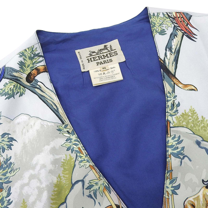 良品▲HERMES エルメス ヴィンテージ シルク100% 超希少 SICHUAN 四川省 アニマル柄 ジレ ベスト マルチカラー 46 フランス製 メンズ