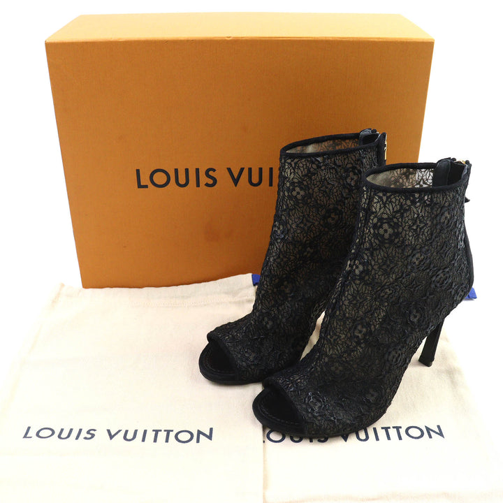 美品△LOUIS VUITTON ルイヴィトン フラワーロゴレース LVサークル金具 オープントゥ ショートブーツ アンクルブーツ ブラック 35.5 伊製