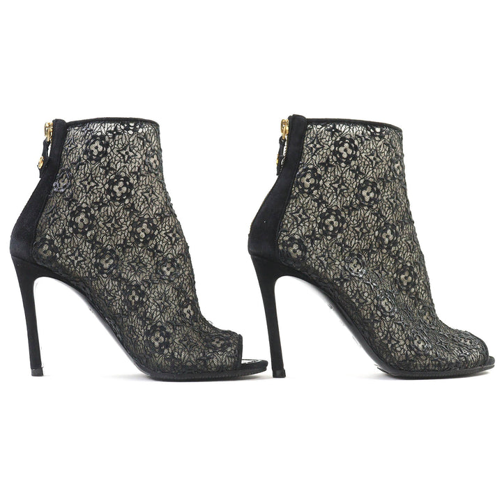 美品△LOUIS VUITTON ルイヴィトン フラワーロゴレース LVサークル金具 オープントゥ ショートブーツ アンクルブーツ ブラック 35.5 伊製
