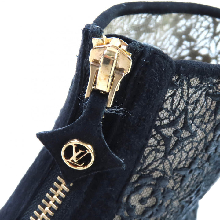 美品△LOUIS VUITTON ルイヴィトン フラワーロゴレース LVサークル金具 オープントゥ ショートブーツ アンクルブーツ ブラック 35.5 伊製