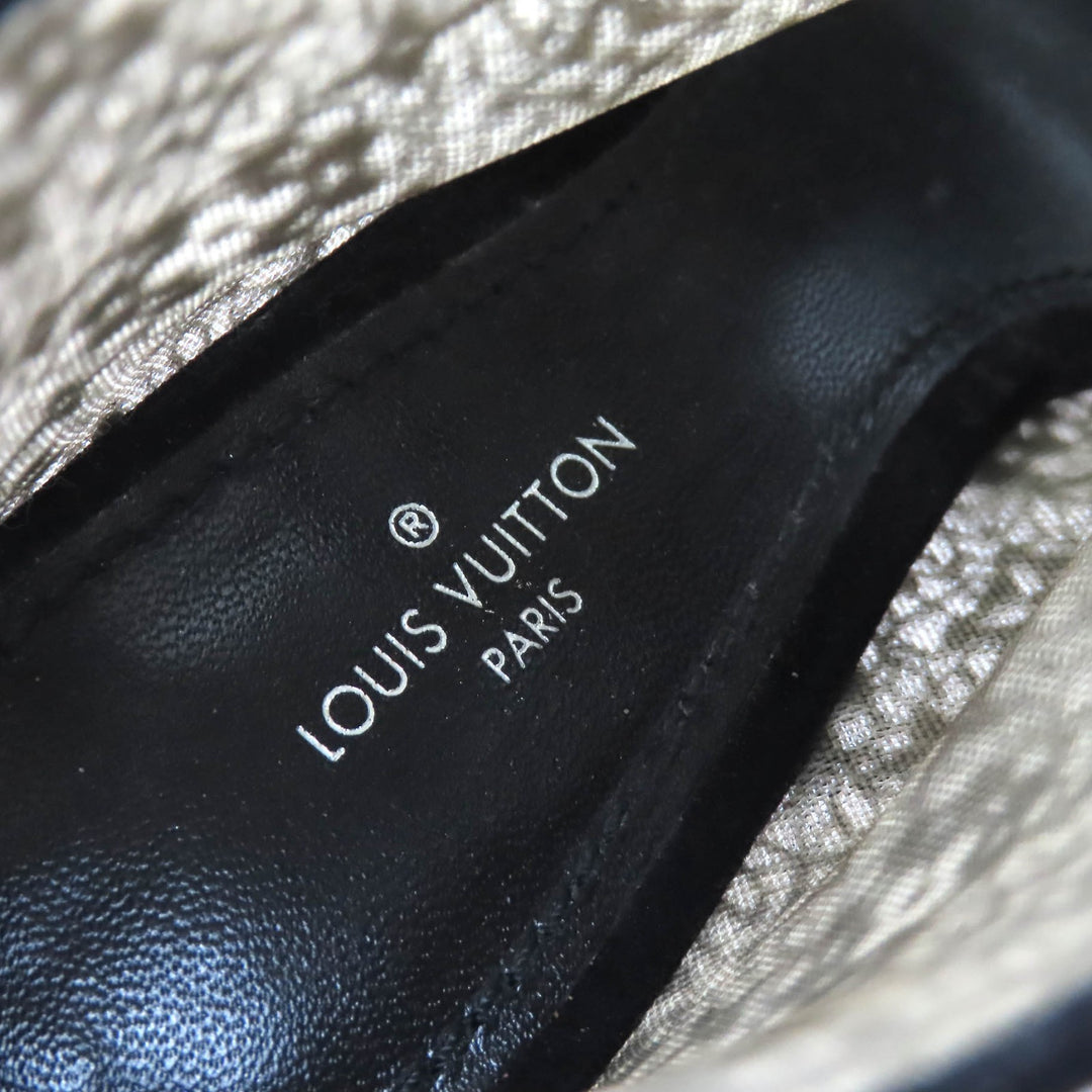 美品△LOUIS VUITTON ルイヴィトン フラワーロゴレース LVサークル金具 オープントゥ ショートブーツ アンクルブーツ ブラック 35.5 伊製