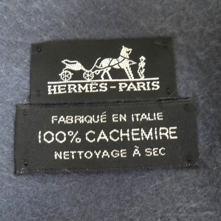 良品△HERMES エルメス カシミヤ100％ ロゴ刺繍 フリンジ 超大判 ショール ストール ブランケット ネイビー レディース