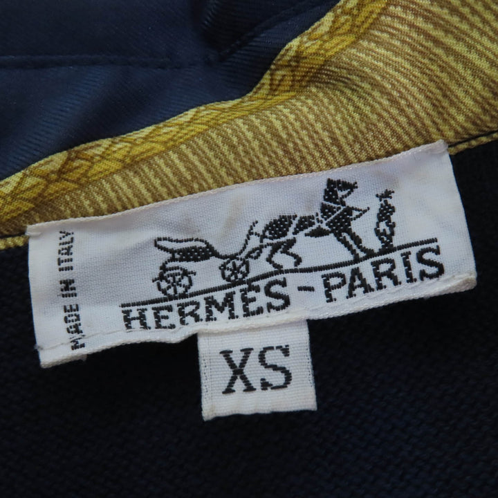 良品☆HERMES エルメス シルク コットン カシミヤ Hロゴボタン ツイルレーヌ ニット 長袖シャツ ネイビー系 XS イタリア製 レディース