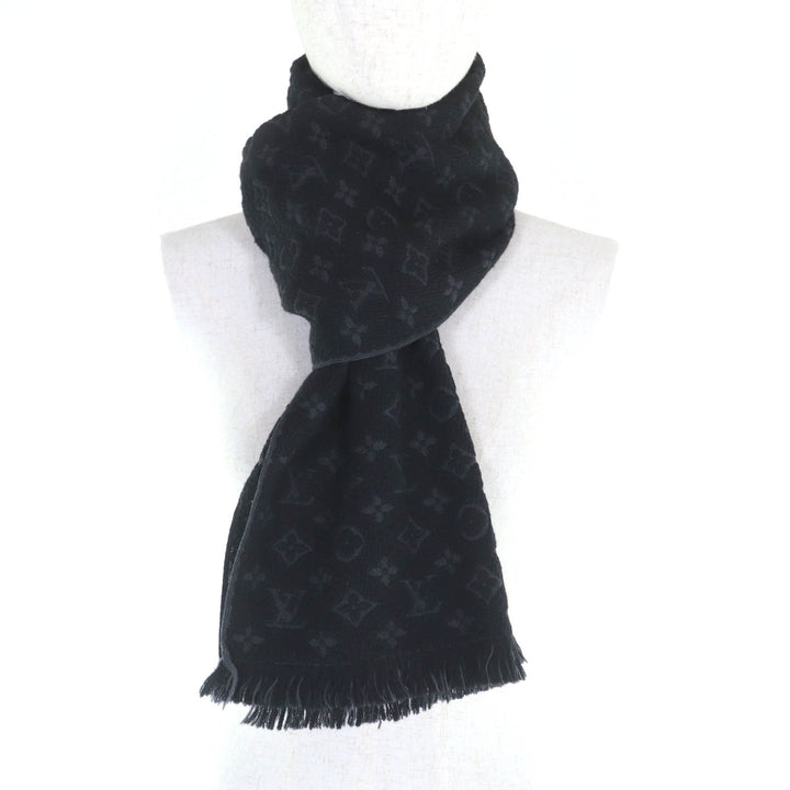 美品◇LOUIS VUITTON ルイヴィトン M70520 モノグラムクラシック ウール100％ フリンジ付き マフラー ブラック イタリア製 メンズ