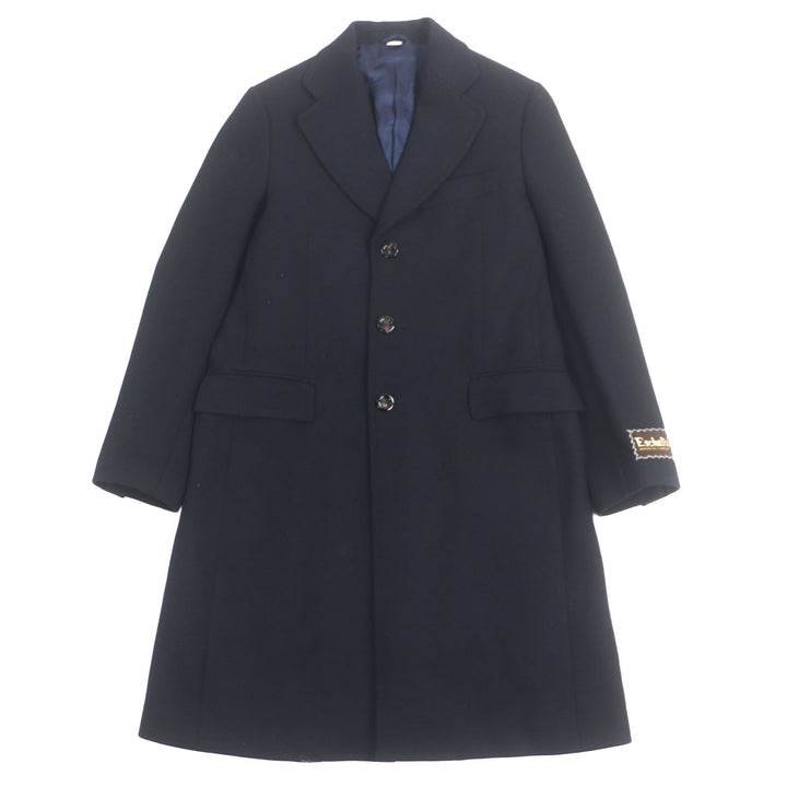 良品▼GUCCI グッチ 661210 ウール90% ヘリンボーン柄 ロゴ入りボタン シングル チェスターコート ネイビー 44 イタリア製 正規品 メンズ