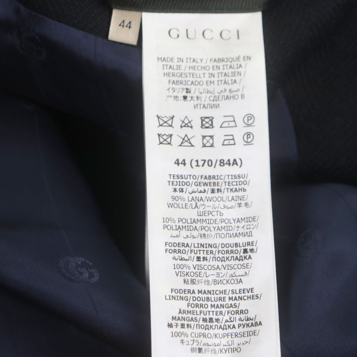 良品▼GUCCI グッチ 661210 ウール90% ヘリンボーン柄 ロゴ入りボタン シングル チェスターコート ネイビー 44 イタリア製 正規品 メンズ
