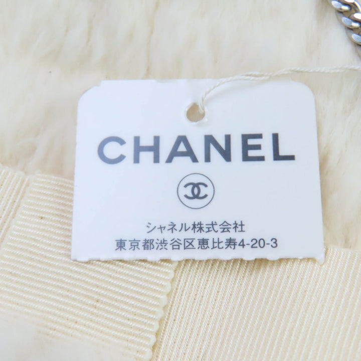 極美品★CHANEL シャネル ラパンファー ココマークチェーン付 リボンデザイン グローブ 手袋 オフホワイト M レディース