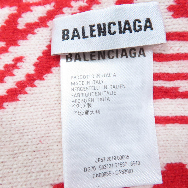 美品☆BALENCIAGA バレンシアガ 583121 バージンウール ロゴ総柄 大判ショール マフラー レッド アイボリー S 伊製 正規品 レディース