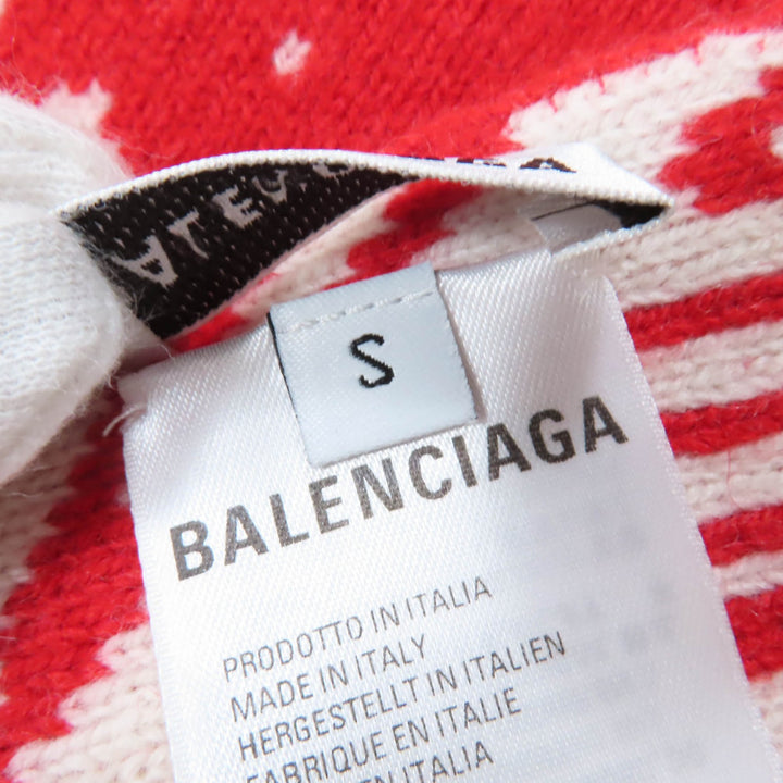 美品☆BALENCIAGA バレンシアガ 583121 バージンウール ロゴ総柄 大判ショール マフラー レッド アイボリー S 伊製 正規品 レディース