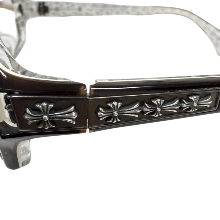 美品□CHROME HEARTS クロムハーツ DUTCH RUDDER 一部SV925 裏側クロス柄 メガネ 眼鏡 アイウェア 56□16-133 デモレンズ 日本製 重量30g