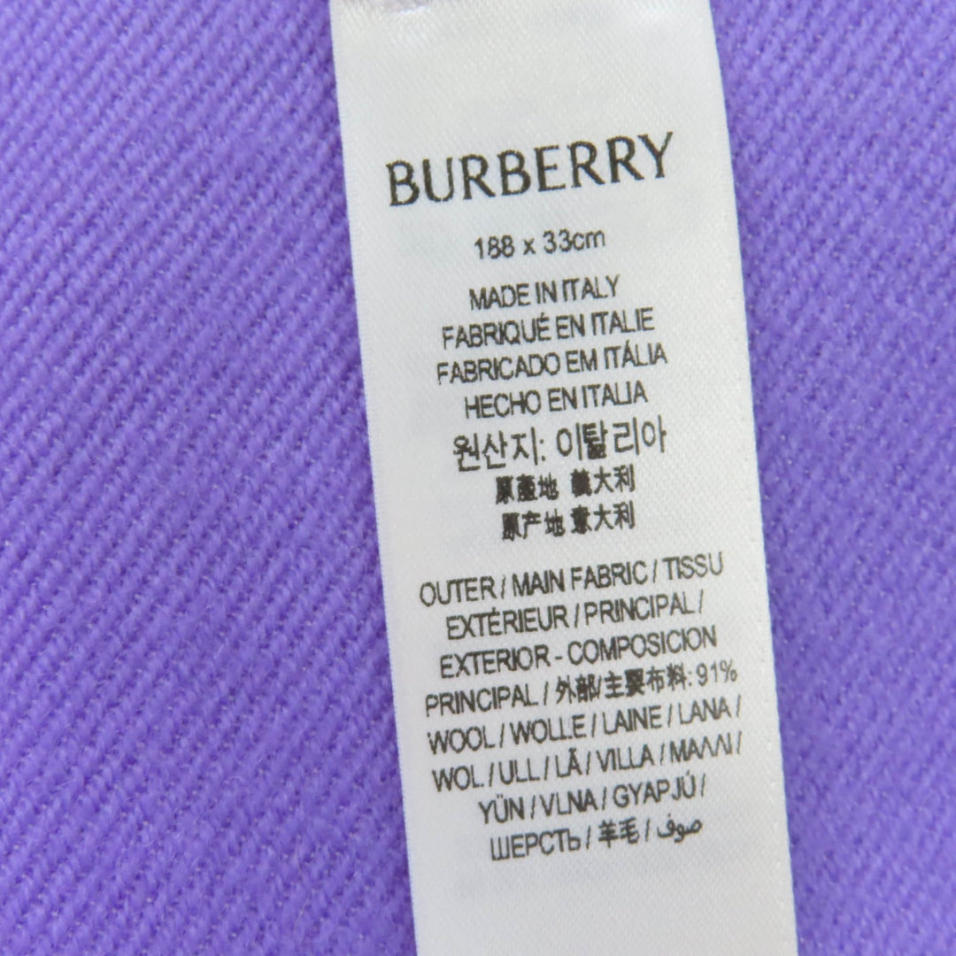 美品☆BURBERRY バーバリー ウール シルク フリンジ付 ロゴ マフラー パープル アイボリー 188×33cm イタリア製 正規品　レディース