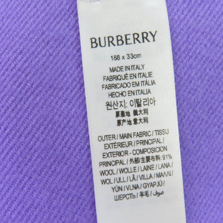 美品☆BURBERRY バーバリー ウール シルク フリンジ付 ロゴ マフラー パープル アイボリー 188×33cm イタリア製 正規品　レディース