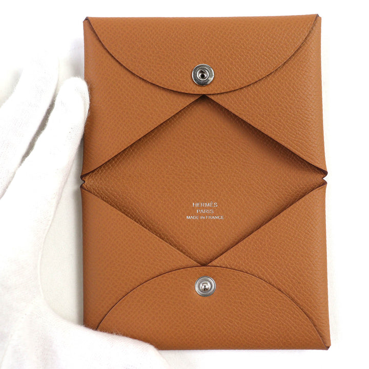 未使用品△HERMES エルメス カルヴィ ヴォーエプソン ゴールド シルバー金具 カードケース 名刺入れ B刻印 箱付き フランス製 レディース