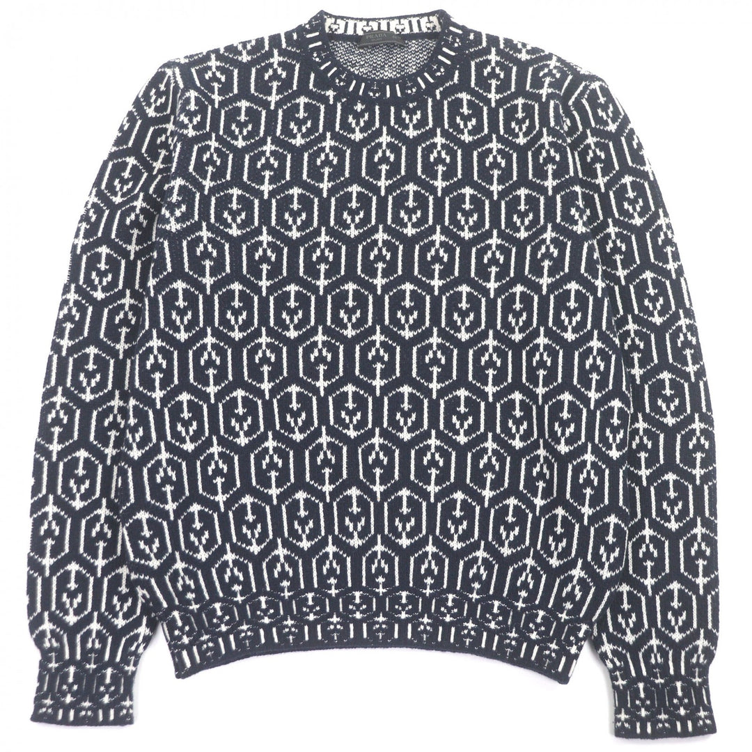 美品□PRADA プラダ 21AW UMB258 カシミヤ混 総柄 トライアングルロゴ 長袖 セーター ネイビー ホワイト 46 イタリア製 正規品 メンズ