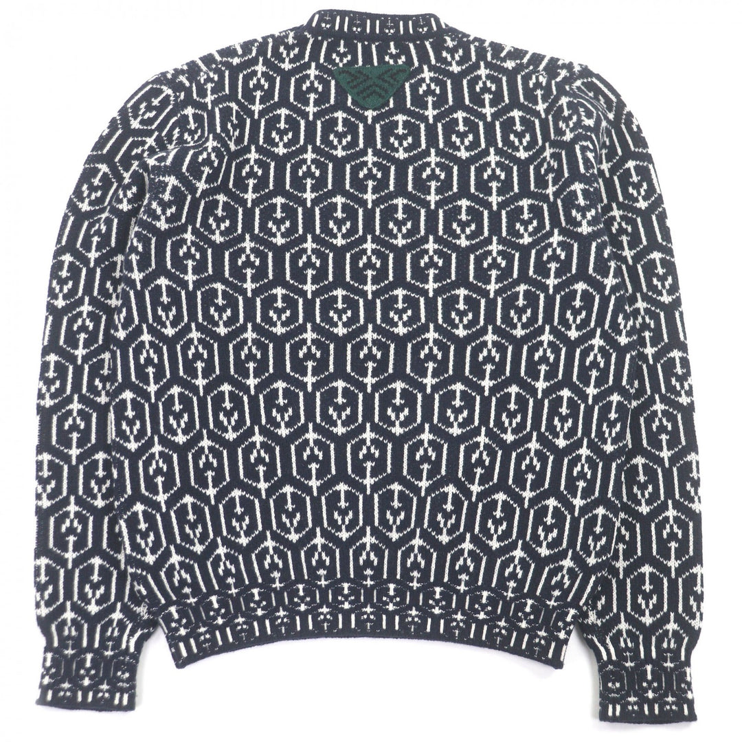 美品□PRADA プラダ 21AW UMB258 カシミヤ混 総柄 トライアングルロゴ 長袖 セーター ネイビー ホワイト 46 イタリア製 正規品 メンズ